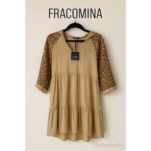 Fracomina Easychic Leopard Sleeve Tiered Mini Dress Tan Beige Hooded Size L NWT